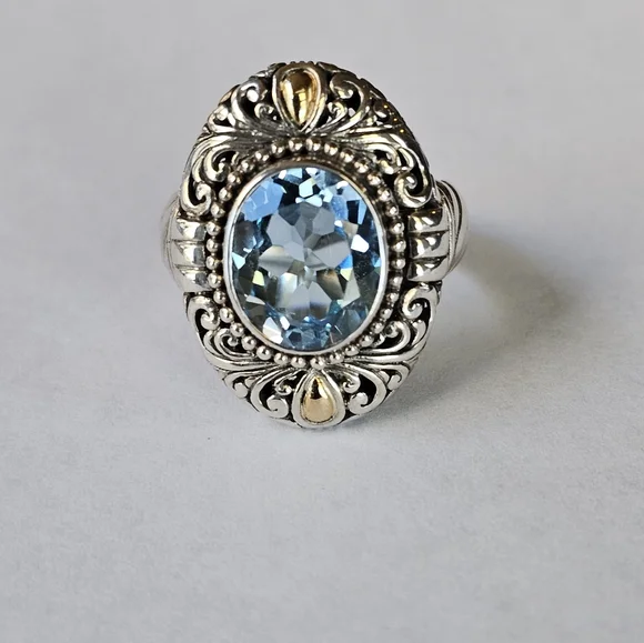 Natural Sky Blue Topaz Ring in 18K & Sterling Silver Sz 8! - Picture 2 of 8